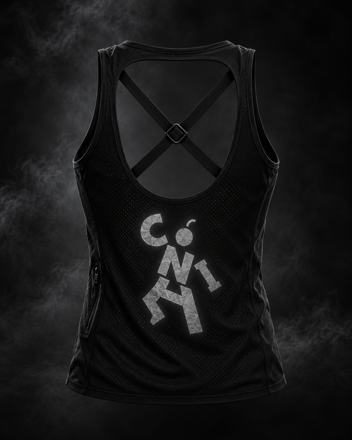 NICH .001 Night Tank, back view with X-straps and reflective print